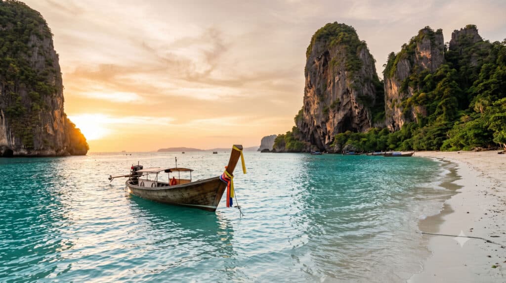 Railay Beach in Krabi, Thailand, with limestone cliffs and turquoise water at sunset