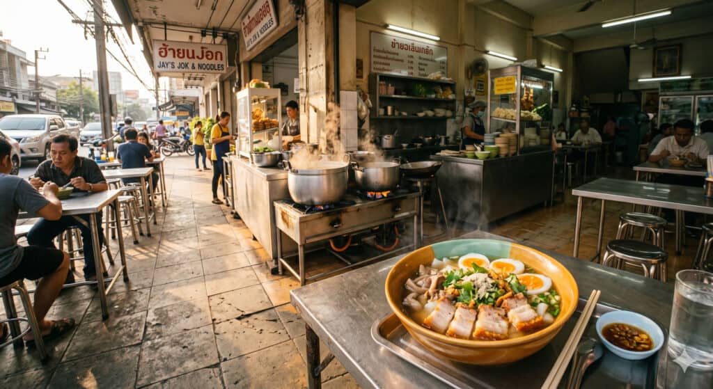 Steaming bowl of crispy pork noodles at a popular Bangkok street food restaurant