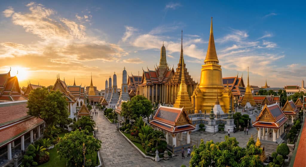 Ornate gilded temple spires of the Grand Palace complex in Bangkok at golden hour