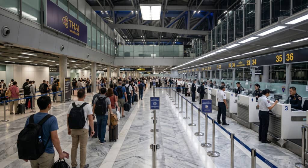Thai immigration officers at Suvarnabhumi Airport arrival hall representing Thailand drug law enforcement for tourists