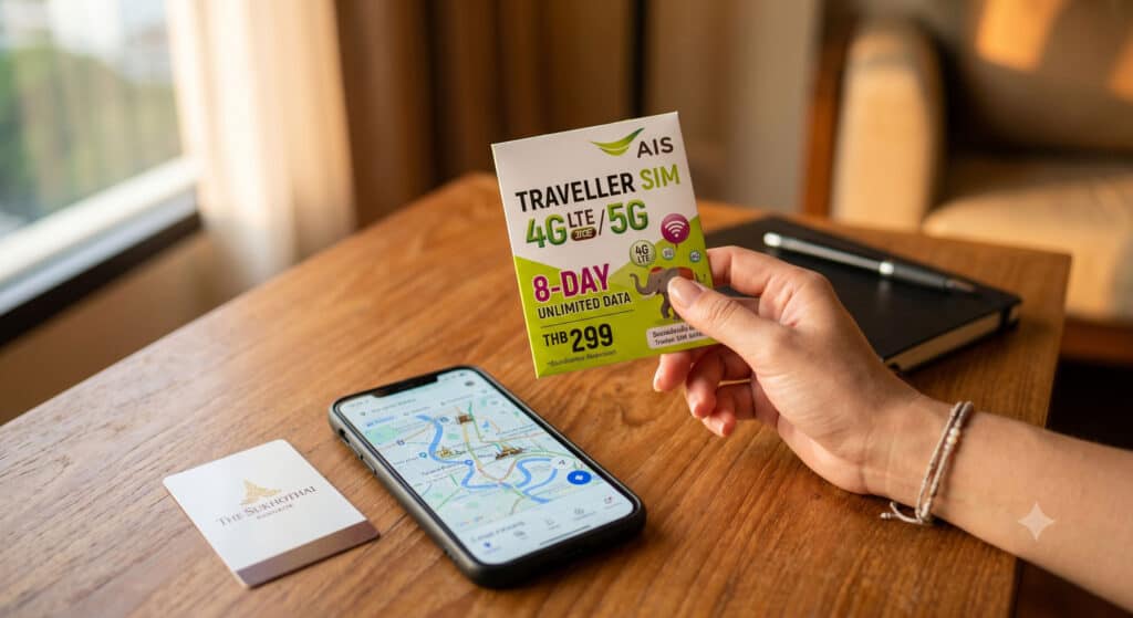 Thailand tourist SIM card package held in hand with smartphone showing Bangkok map in background