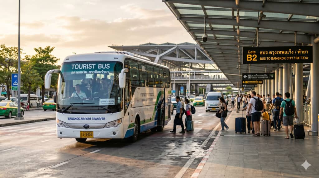 Air-conditioned coach bus at Suvarnabhumi Airport ready for the Bangkok to Pattaya route