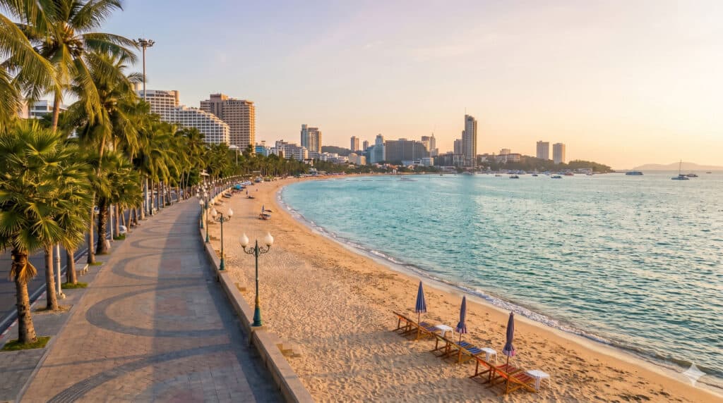 Palm-lined Pattaya Beach Road with resort hotels and the Gulf of Thailand at golden hour