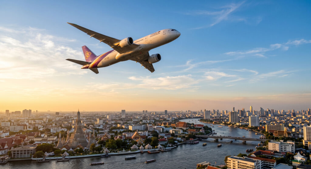 Commercial jet flying over Bangkok Thailand skyline representing cheap flights to Thailand