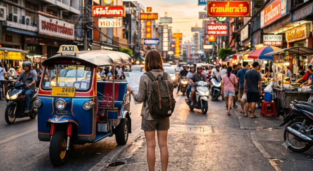 Tuk-tuk parked on a busy Bangkok tourist street at sunset