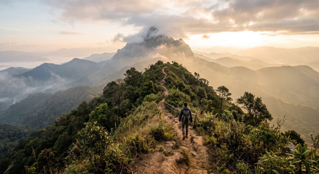 Misty mountain ridge trail through highland forest in northern Thailand