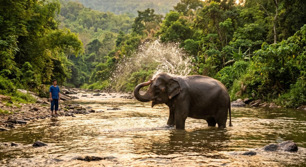 Rescued elephant bathing in river at Thailand sanctuary near Bangkok