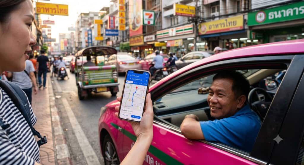 Traveler showing Google Maps in Thai script to a Bangkok taxi driver through a car window