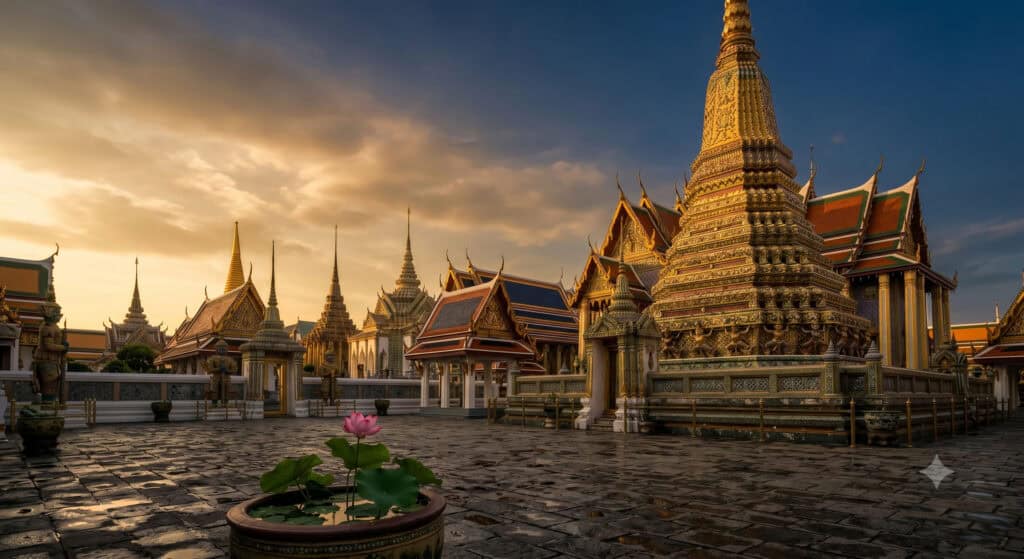 Ornate golden chedi tower of a must-visit temple in Thailand lit by late afternoon sun