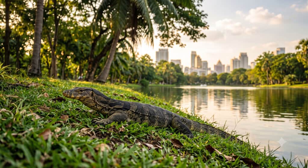 Water monitor lizard resting by Lumphini Park lake in Bangkok