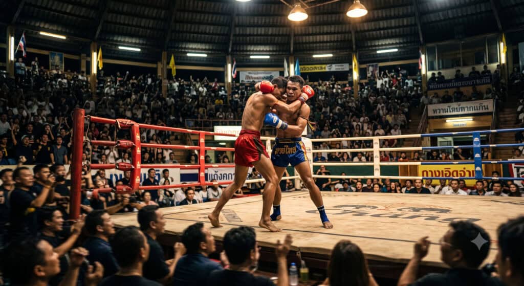Two Muay Thai fighters in the ring at a Bangkok boxing stadium at night