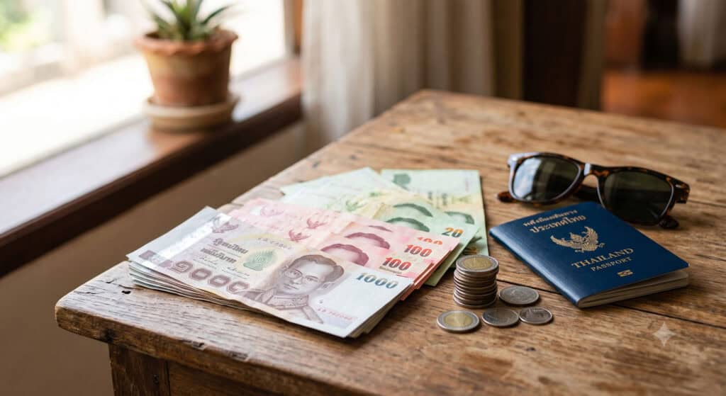 Thai baht banknotes and coins fanned out on a table