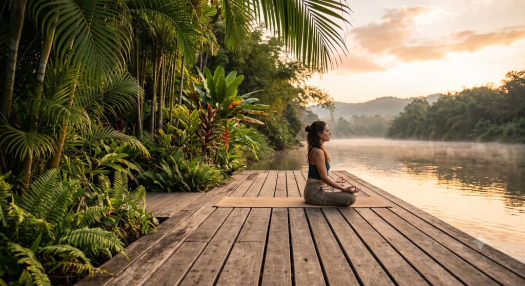 Outdoor yoga session at sunset beside a calm river near Bangkok, Thailand