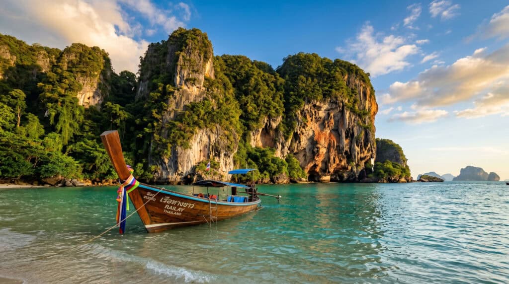 Longtail boat on turquoise water with towering limestone cliffs in Krabi, Thailand