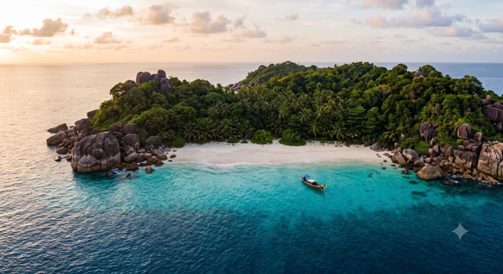 Aerial view of a secluded lesser-known island beach in Thailand