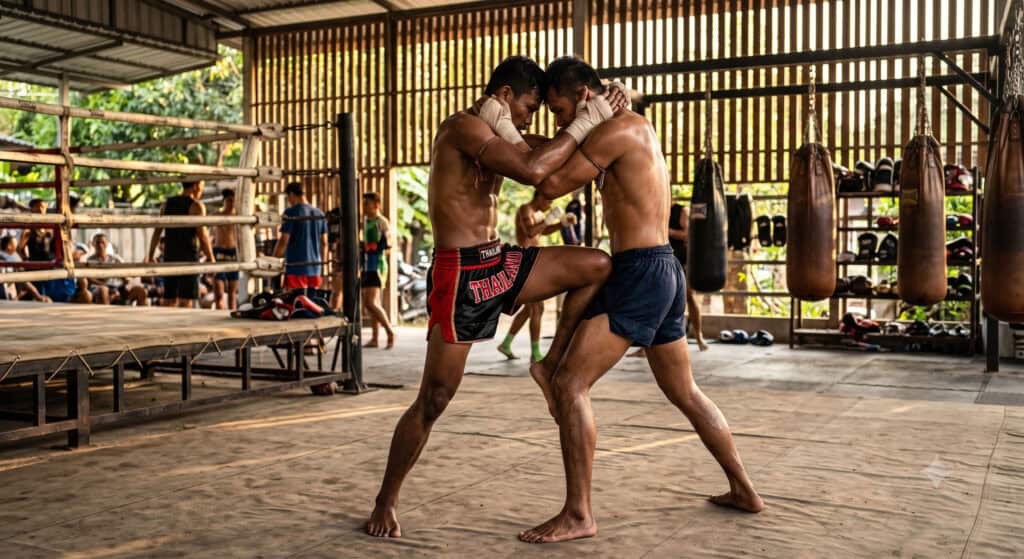 Two fighters clinching during Muay Thai training at a Thailand gym