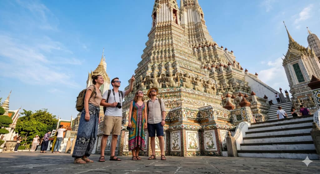 Friends standing in front of the ornate Wat Arun temple in Bangkok, Thailand.