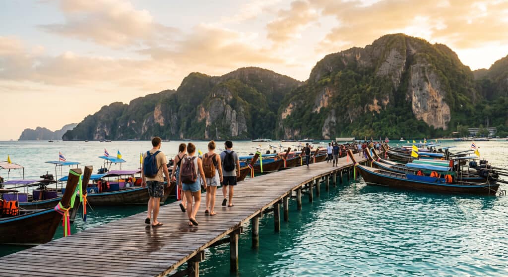 Friends walking a longtail boat pier at sunset in Thailand