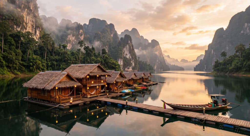 Floating bungalow resort on Cheow Lan Lake surrounded by limestone cliffs