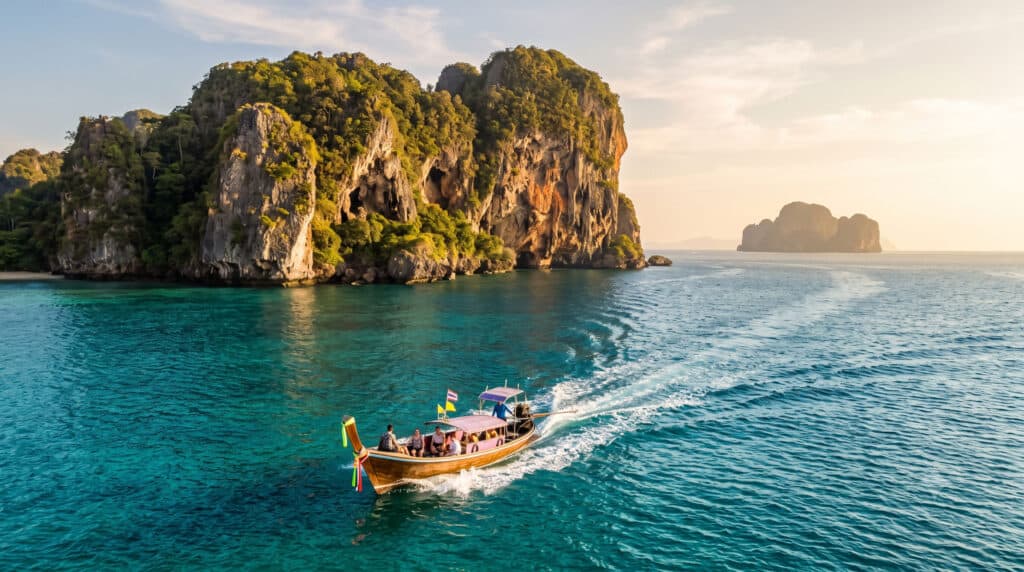 Longtail boat crossing turquoise water toward Thailand island cliffs