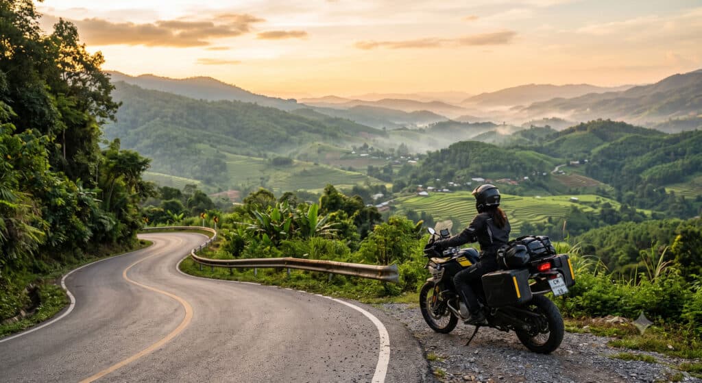 Motorcyclist overlooking misty mountain road on Thailand road trip
