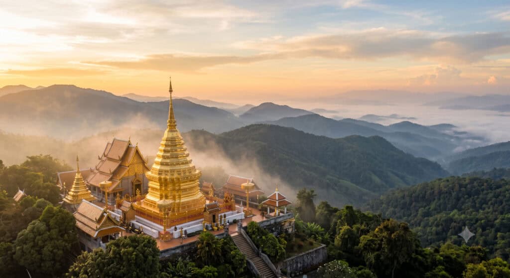 Misty mountain temple overlooking Chiang Mai at sunrise