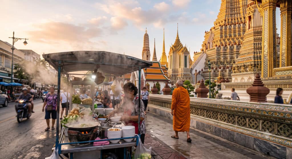 Monk walking past golden Bangkok temple at sunrise