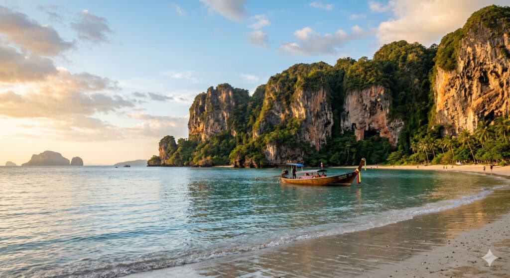 Railay Beach limestone cliffs and turquoise water, Krabi Thailand, with longtail boat in foreground