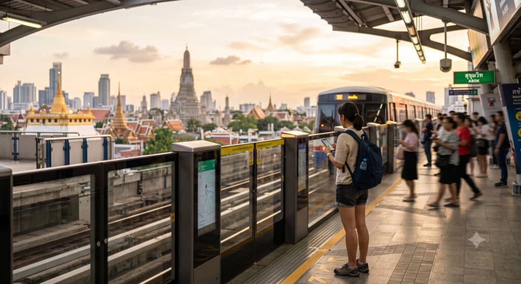 Traveler checking phone map near Bangkok BTS Skytrain station