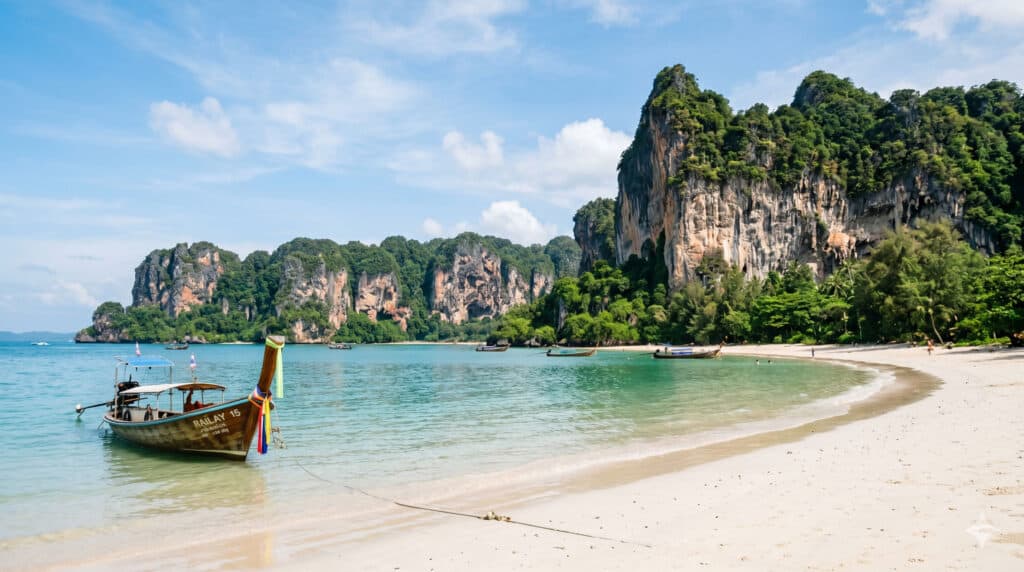 Turquoise water and limestone cliffs at Railay Beach, one of the best things to do in Krabi Thailand