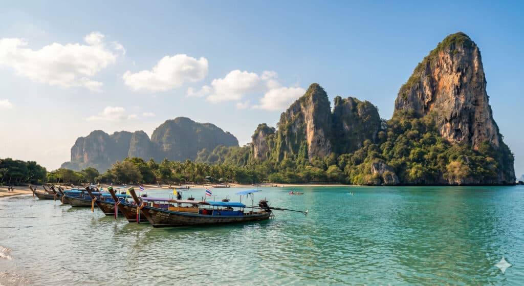Limestone cliffs and turquoise water at Railay Beach, Krabi, Thailand, on a clear morning.