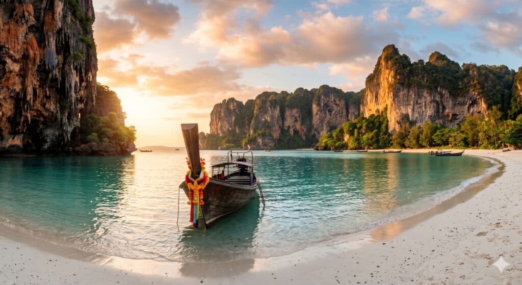 Longtail boat anchored in turquoise water at Railay Beach with limestone cliffs, Krabi, Thailand