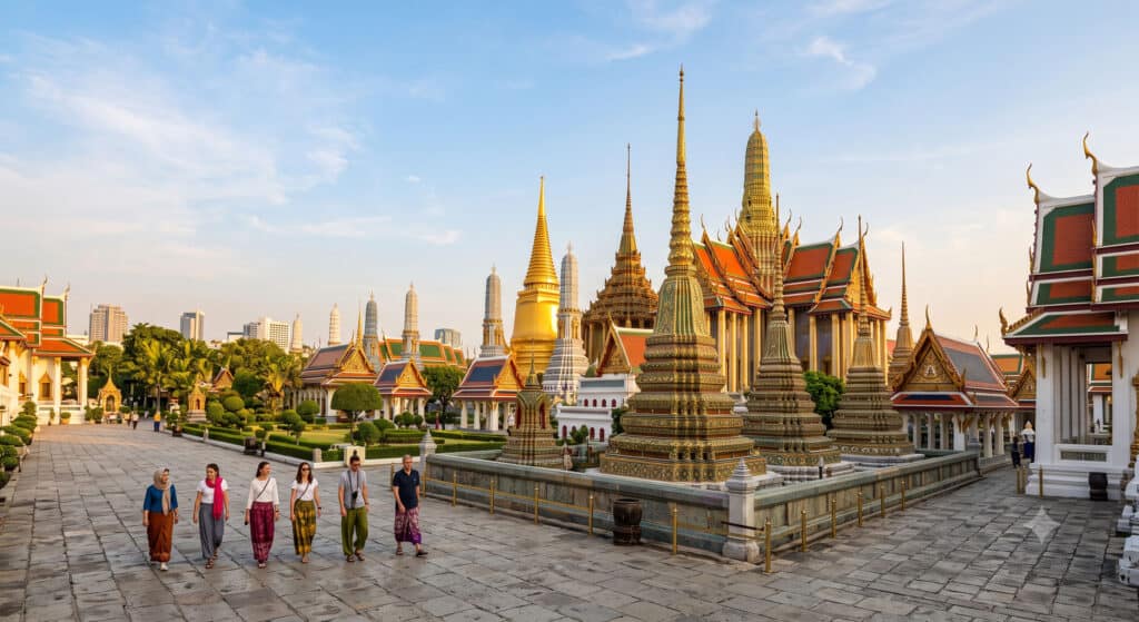 Grand Palace golden spires in Bangkok at golden hour