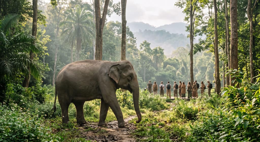 Rescued elephant walking free in a Chiang Mai forest sanctuary