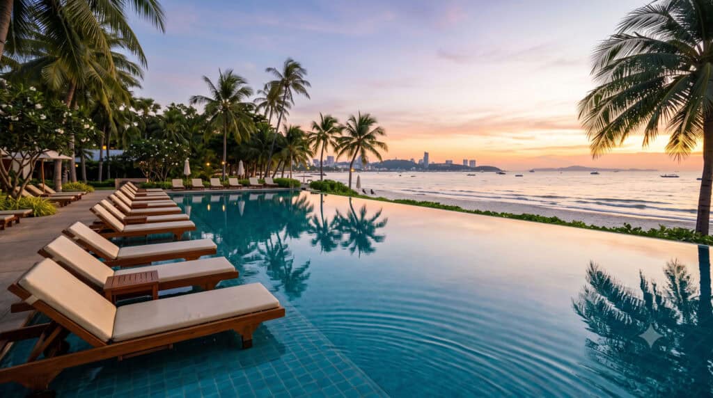 Pattaya hotel pool at sunset during Thailand's 2026 alcohol ban dates