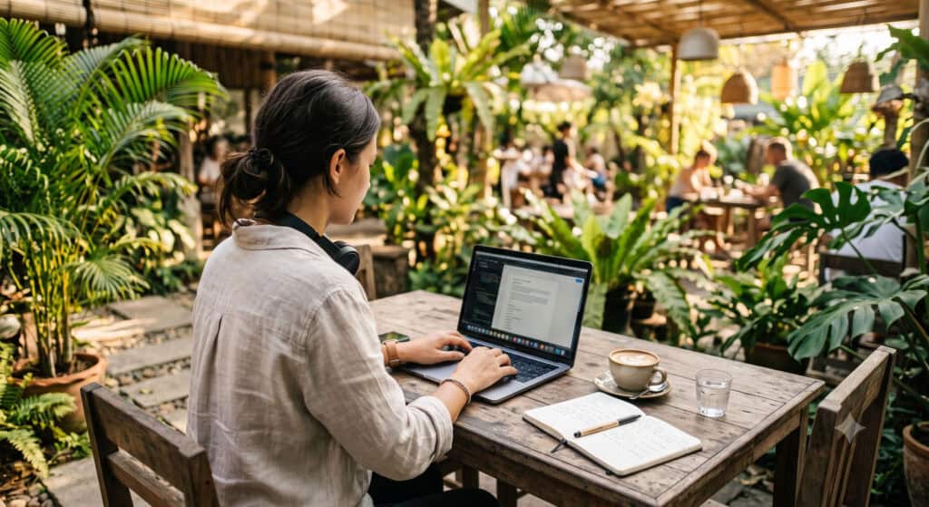 Remote worker using laptop at Thailand outdoor coworking cafe