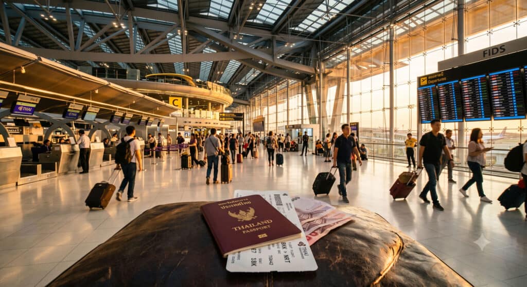 Passport and Thai baht cash at Thailand airport departure gate